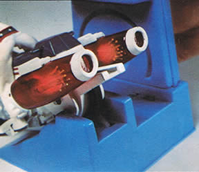 Closeup of twin jet packs on Super Stunt Cycle